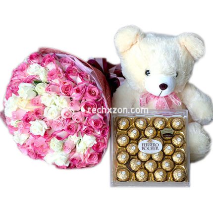 techxzon-com-Teddy-Bear-Roses-Flower-Ferrero-Rocher-Chocolate-Gift-Set-Price-In-Bangladesh